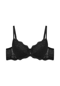 Czarny koronkowy biustonosz z kwiatowym wzorem, usztywniane miseczki, regulowane ramiączka i falbaniaste krawędzie. Miękka siateczkowa tylna część zwiększa komfort noszenia.