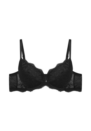 Czarny koronkowy biustonosz z kwiatowym wzorem, usztywniane miseczki, regulowane ramiączka i falbaniaste krawędzie. Miękka siateczkowa tylna część zwiększa komfort noszenia.
