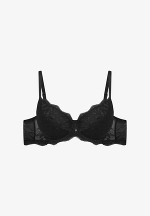Czarny koronkowy biustonosz z kwiatowym wzorem, usztywniane miseczki, regulowane ramiączka i falbaniaste krawędzie. Miękka siateczkowa tylna część zwiększa komfort noszenia.