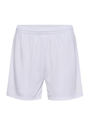 Hvide atletiske shorts med elastisk talje, lavet af glat stof. Har et logo trykt i en subtil lys farve på den nedre side.