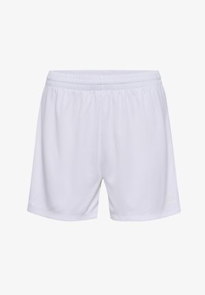 Weiße Sportshorts mit einem elastischen Taillenbund, hergestellt aus glattem Stoff. Verfügt über ein Logo, das in einem dezenten hellen Ton an der unteren Seite gedruckt ist.