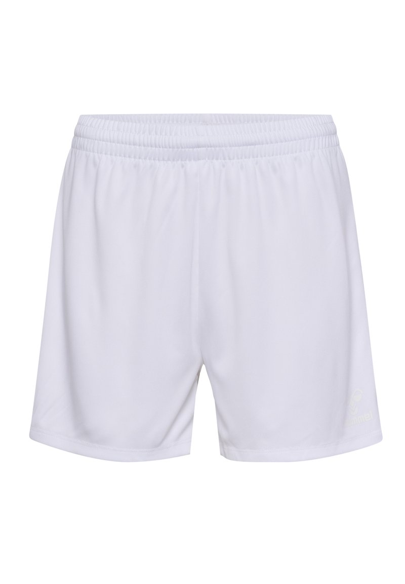 Vita atletiska shorts med resårmidja, tillverkade av slät tyg. Har en logo tryckt i en subtil ljus nyans på den nedre sidan.