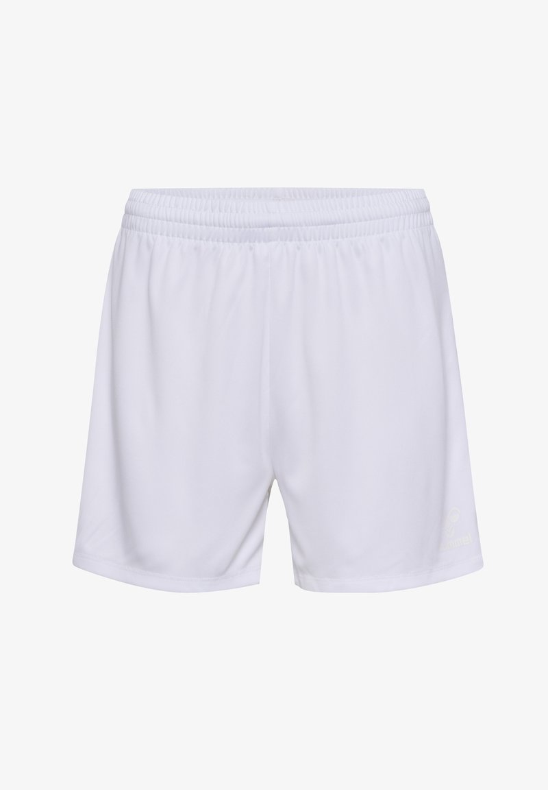 Vita atletiska shorts med resårmidja, tillverkade av slät tyg. Har en logo tryckt i en subtil ljus nyans på den nedre sidan.