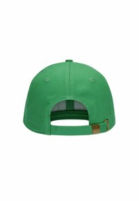 Grüne Baseballmütze mit strukturiertem Design, aus Stoff gefertigt. Verfügt über einen verstellbaren Riemen auf der Rückseite und einen gebogenen Schirm.