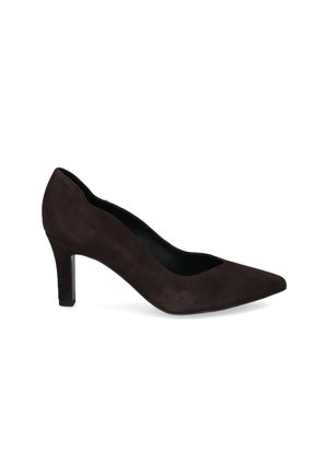 Dark brown suede women's high heel shoe with pointed toe and mid-height heel, shown from the side on a white background.