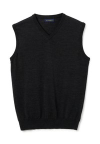 Schwarzer ärmelloser Pullover mit V-Ausschnitt aus weichem Strickstoff. Verfügt über einen gerippten Ausschnitt und Saum für eine enganliegende Passform.