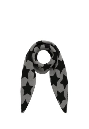 Gray scarf with large black star patterns, knit texture, shown looped with pointed ends hanging down.