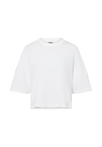 Weißes Baumwoll-T-Shirt mit rundem Ausschnitt, cropped Schnitt und kurzen Ärmeln, das ein lässiges, kastiges Design aufweist. Schlicht und einfarbig.