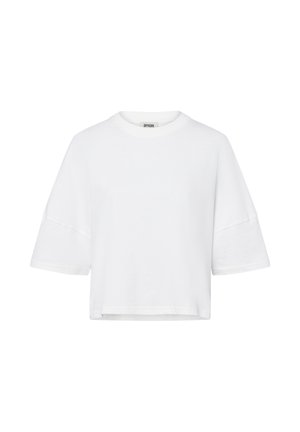 Witte katoenen T-shirt met een ronde hals, korte pasvorm en korte mouwen, met een ontspannen, boxy ontwerp. Eenvoudig en effen van kleur.