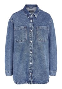 Camicia in denim azzurro chiaro con colletto classico, chiusura con bottoni, due tasche sul petto e maniche lunghe con polsini abbottonati.