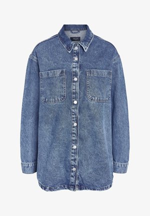 Heleda sinine denimsärk, millel on klassikaline krae, nööbiga esi, kaks rinna-taskut ja pikad varrukad nööpidega mansettidega.