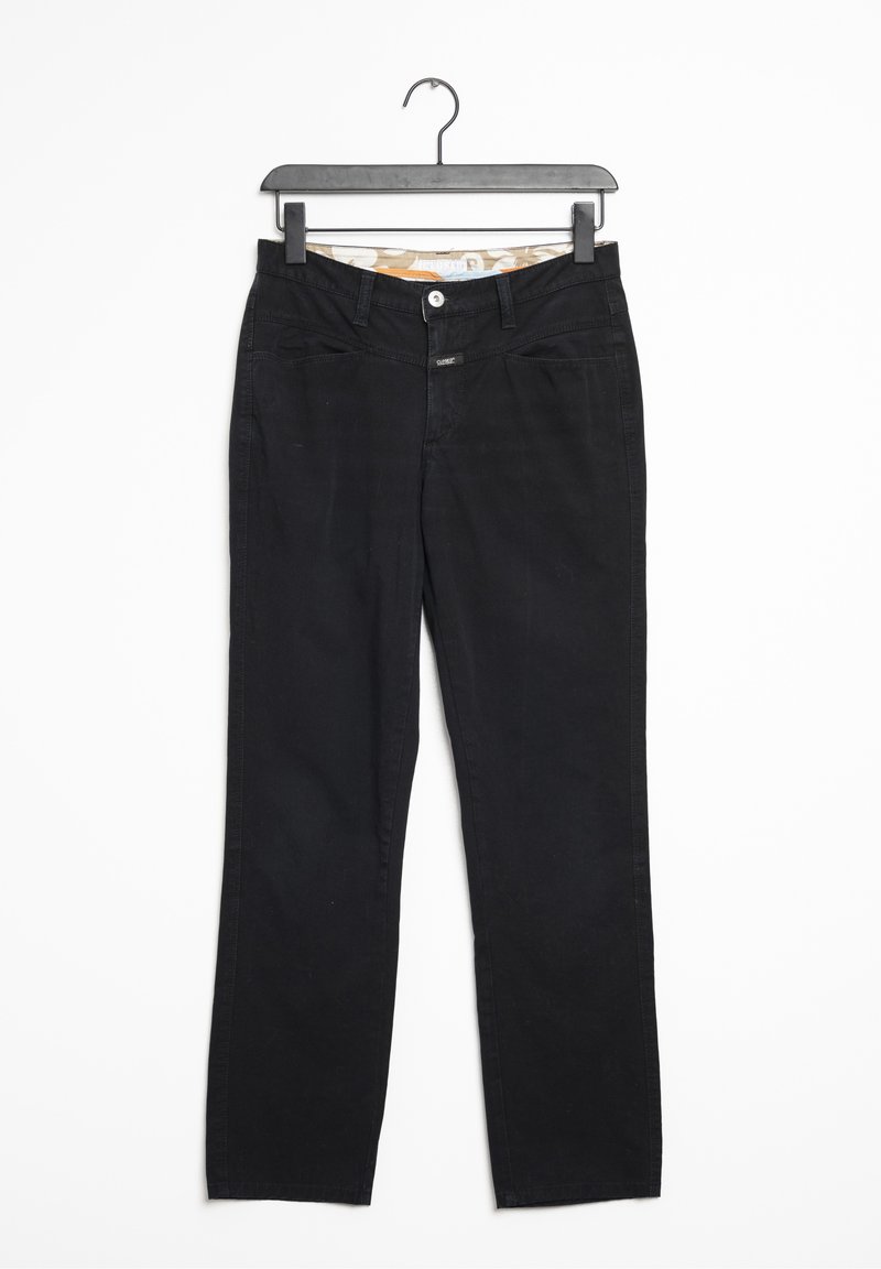 Pantalon en coton noir avec une coupe droite, doté de poches avant et d'une fermeture à bouton. Tissu texturé et motif contrastant à la taille.