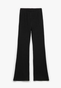Pantalones acampanados negros con textura acanalada y cinturilla elástica, que presentan una textura suave y un ajuste relajado. Confeccionados con una mezcla de telas elásticas.
