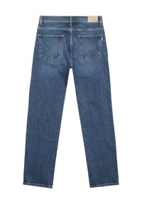 Jeans in denim blu scuro con design a gamba dritta, dotati di due tasche posteriori e una toppa in cuoio sulla vita.