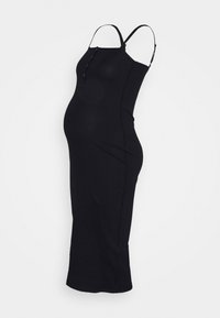 Vestido de maternidade preto com texturização canelada, alças finas ajustáveis, corte até ao joelho e detalhe de botões de pressão na frente, destacando um design ajustado.