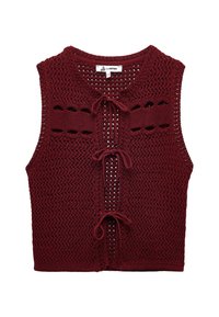 Bordeauxfarbener gestrickter Weste mit offener Maschenstruktur, runder Halslinie, vorderen Bindebändern und ausgestanzten Akzenten. Ohne Ärmel.