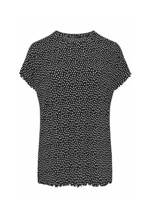 Zwart t-shirt met korte mouwen, featuring een ronde halslijn en een stippenpatroon in het wit. De zoom is licht gegolfd, wat textuur aan het ontwerp toevoegt.