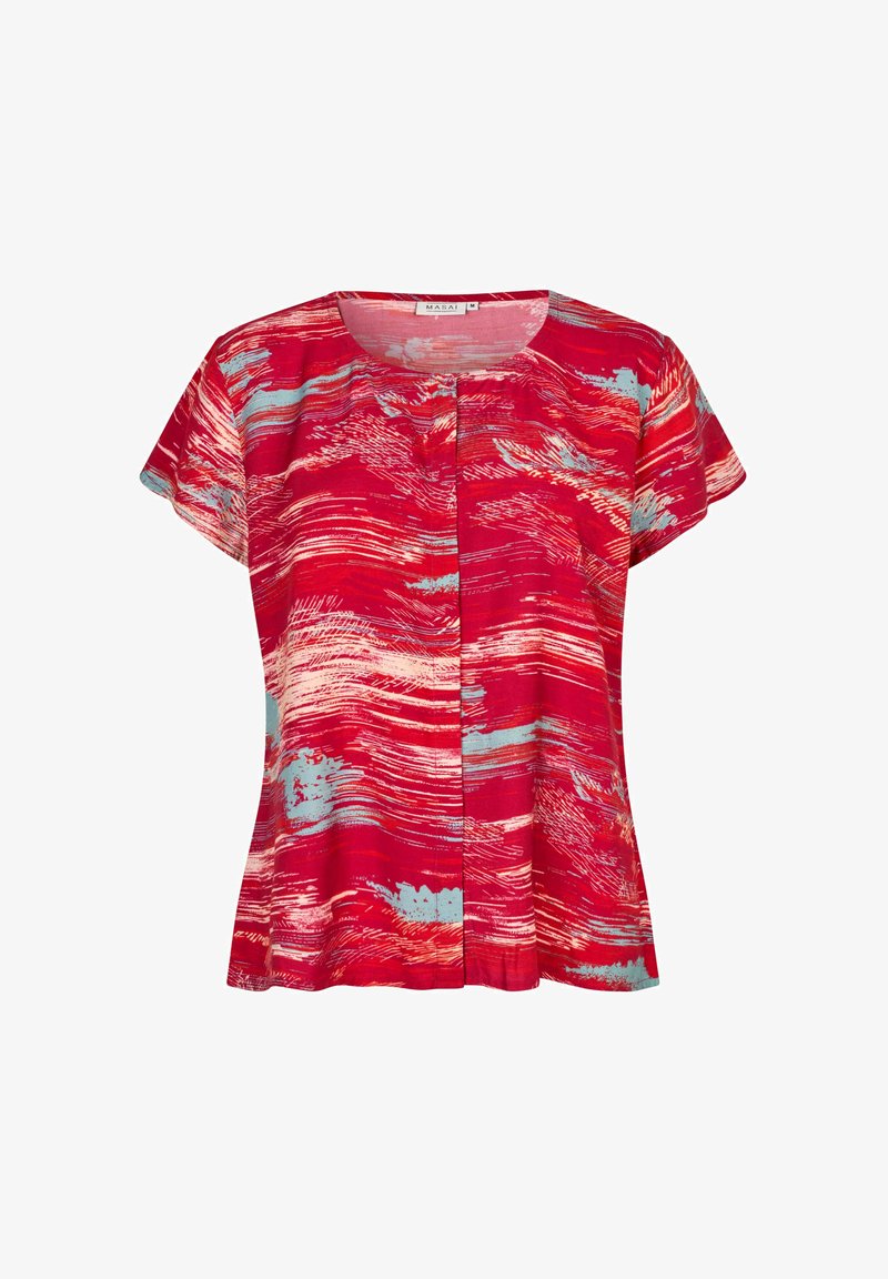 Röd och blå abstrakt mönstrad kortärmad blus med rund halsringning och lös passform, med en central sömdetalj. Mjuk tygkvalitet.