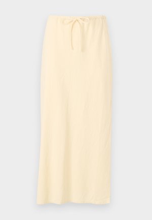 Ljusgul, lång kjol med ett andningsbart tyg och ett elastiskt midjeband som har snörning för justerbar passform. Slät textur, inga mönster.