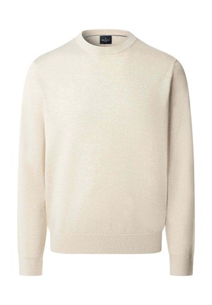 Lichtbeige katoenen trui met een ronde hals en lange mouwen. Heeft een subtiel logo op de borst en geribbelde boorden bij de mouwen en zoom.