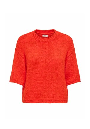 Rød strikket kortærmet sweater med rund hals. Har et tekstureret mønster og en afslappet pasform. Materialet ser blødt og varmt ud.