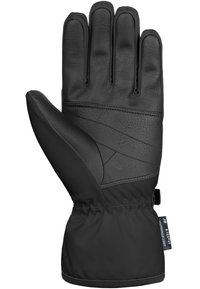 Gant noir avec un extérieur rembourré et une paume en cuir. Les caractéristiques incluent une surface texturée, des détails cousus et un poignet ajusté.