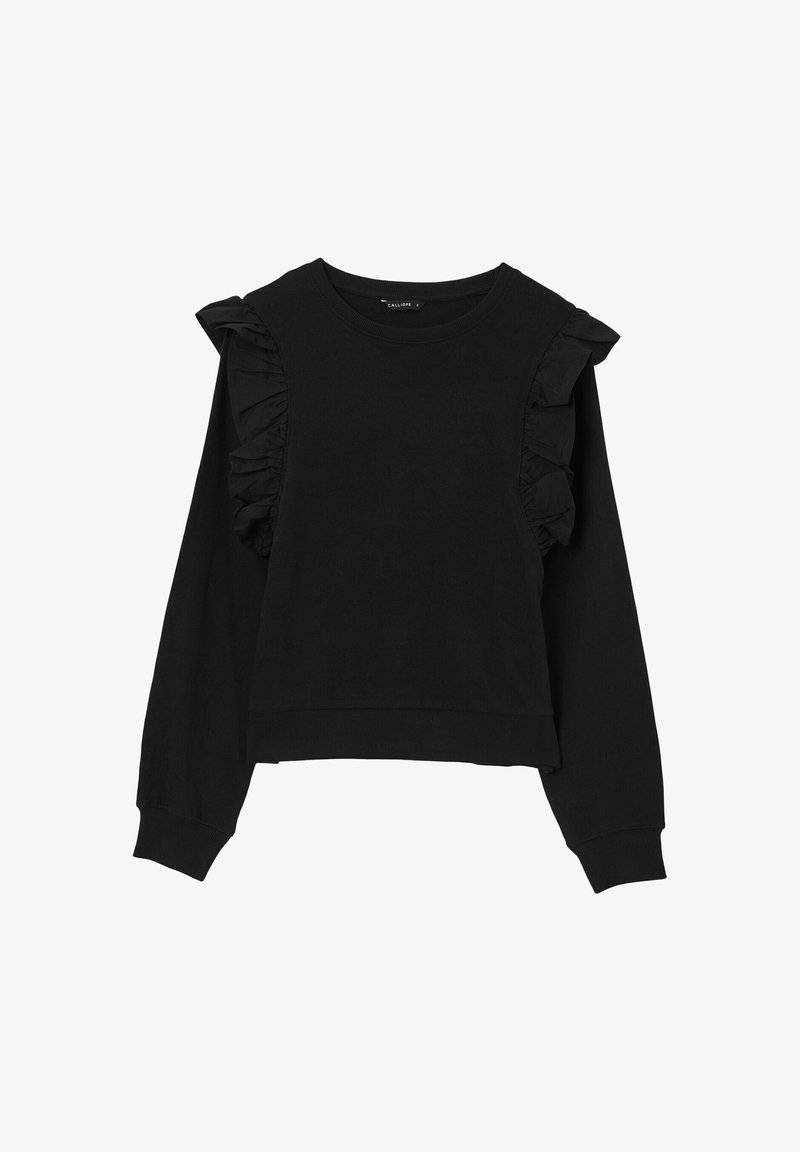 Sweat-shirt court noir à manches longues avec des détails en tissu froncé le long des coutures d'épaule et un col rond.