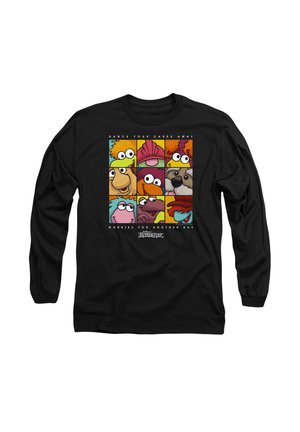 Schwarzes Langarm-T-Shirt mit einem Gitter aus bunten Cartoon-Charaktergesichtern und dem Text: "TANZE DEINE SORGEN WEG, für einen anderen Tag."