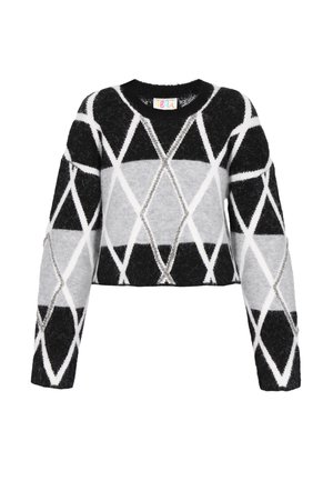 Pulover scurt, negru și gri, cu un model în diamant și accente albe. Fabricat dintr-un material pufoasă, cu decolteu rotund și mâneci lungi.