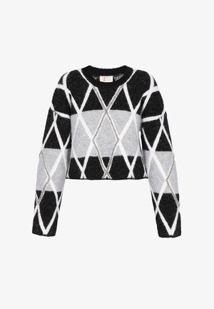 Sort og grå cropped sweater med diamantmønster og hvide accenter. Lavet af fuzzy materiale med rund halsudskæring og lange ærmer.