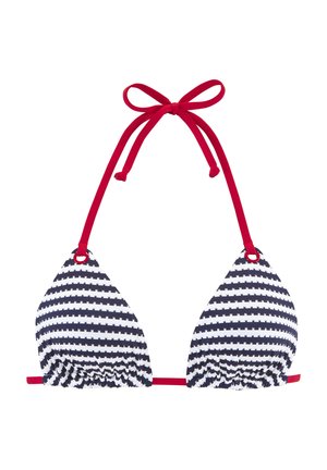Triangle bikini top with black and white horizontal zigzag stripes and red neck and back tie straps.