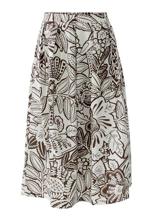 Witte midi-rok met hoge taille, voorzien van een bruin bloem- en bladerpatroon en zachte plooien.