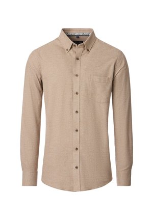 Beige Langarmhemd aus strukturiertem Stoff, mit einem Button-Down-Kragen, einer Brusttasche und braunen Knöpfen.