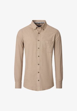 Beige Langarmhemd aus strukturiertem Stoff, mit einem Button-Down-Kragen, einer Brusttasche und braunen Knöpfen.