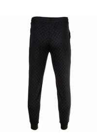 Zwarte joggingbroeken van gestructureerde stof met een subtiel ruitpatroon, elastische tailleband en geribbelde boorden bij de enkels.