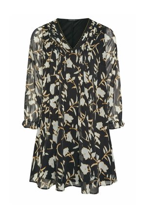 Zwarte bloemen tuniek van doorschijnende stof, met 3/4 mouwen, V-hals, voorzien van witte en beige bloempatronen en subtiele gouden accenten.