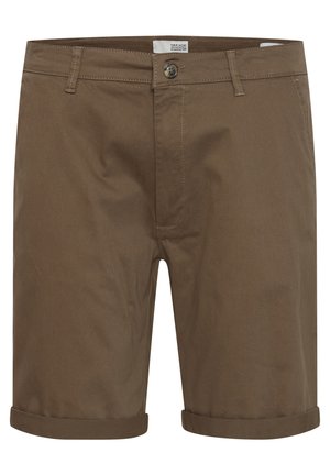 Brązowe bawełniane szorty z zapięciem na guzik, przednimi kieszeniami i podwiniętymi mankietami. Gładka faktura, prosty krój i klasyczny design.