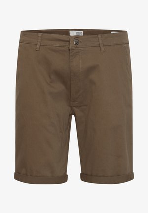 Brązowe bawełniane szorty z zapięciem na guzik, przednimi kieszeniami i podwiniętymi mankietami. Gładka faktura, prosty krój i klasyczny design.