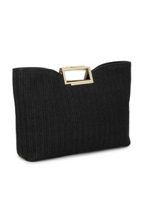 Juoda pintinė delninė su tekstūruotu paviršiumi, ant viršaus su stačiakampiu auksinės spalvos metalo elementu ir struktūruotu, atviru dizainu.