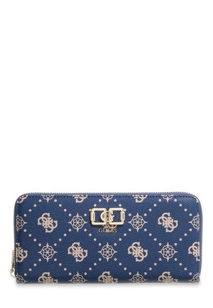 Portefeuille zippé Blue Guess avec motif monogramme beige et plaque logo Guess en ton or sur le devant.
