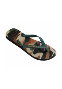 Infradito mimetici con cinturini in gomma verde scuro, soletta testurizzata e suola nera con il logo Havaianas arancione.