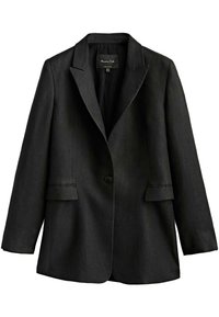 Veste blazer noire à un bouton avec revers crantés, manches longues, deux poches à rabat à l'avant et une coupe cintrée.