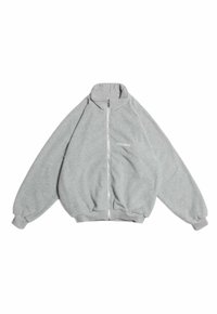 Grauer Reißverschluss-Hoodie aus weichem Stoff, mit hohem Kragen, gerippten Bündchen und Saum sowie dezentem weißen Logo auf der Brust.