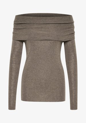 Top off-shoulder in un morbido tessuto grigio-bruno a righe sottili. Maniche lunghe, design aderente e un ampio scollo piegato accentuano la silhouette.