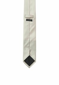 Cravatta in seta di un leggero beige con un lato nero e un'etichetta a piccola ansa. Presenta una texture liscia e un design classico a punta stretta.
