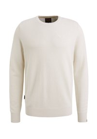 Pull en maille texturée couleur crème avec manches longues et poignets, ourlet et encolure côtelés, présenté sur un fond blanc.