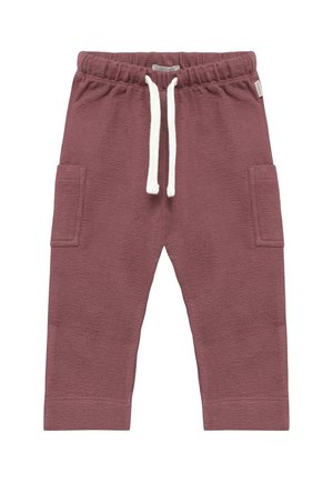 Kinder mauve badstof broek met elastische tailleband, witte trekkoord en vierkante zakken aan beide zijden.
