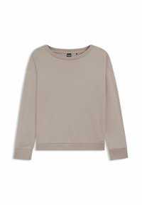 Hellbeige Sweatshirt mit langen Ärmeln, einem weiten Ausschnitt, gerippten Bündchen und Saum. Verfügt über ein kleines Logodetail unten links. Glatte Textur.