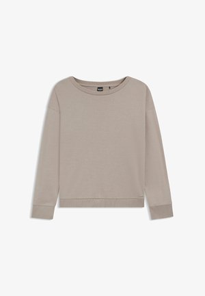 Hellbeige Sweatshirt mit langen Ärmeln, einem weiten Ausschnitt, gerippten Bündchen und Saum. Verfügt über ein kleines Logodetail unten links. Glatte Textur.