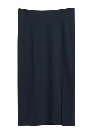 Dark navy pencil skirt made of stretchy fabric, featuring a straight cut and a side slit at the hem for added movement. No visible hardware.
